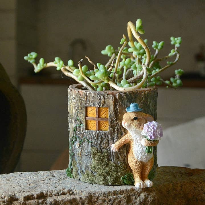 Whimsical Bunny Caller with Flowers by Tree Stump Fairy Garden Miniature Planter
