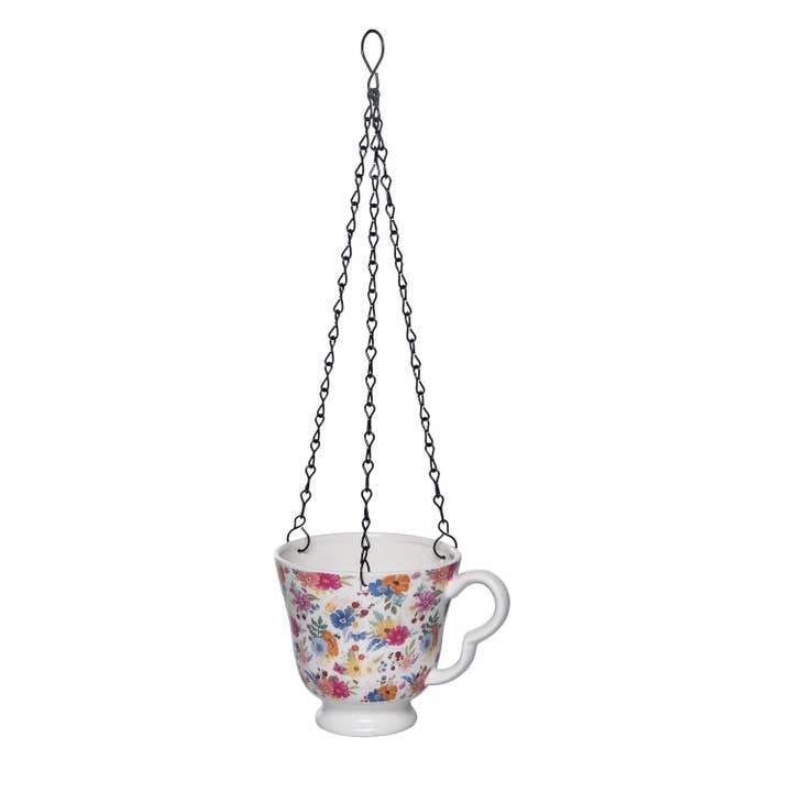 Dolomite Ivory Floral Tea Cup Hanging Planter with Drainage Hole and Metal Chain