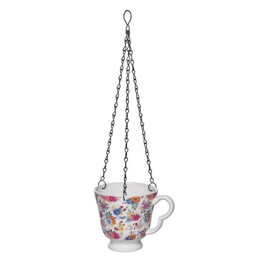 Dolomite Ivory Floral Tea Cup Hanging Planter with Drainage Hole and Metal Chain