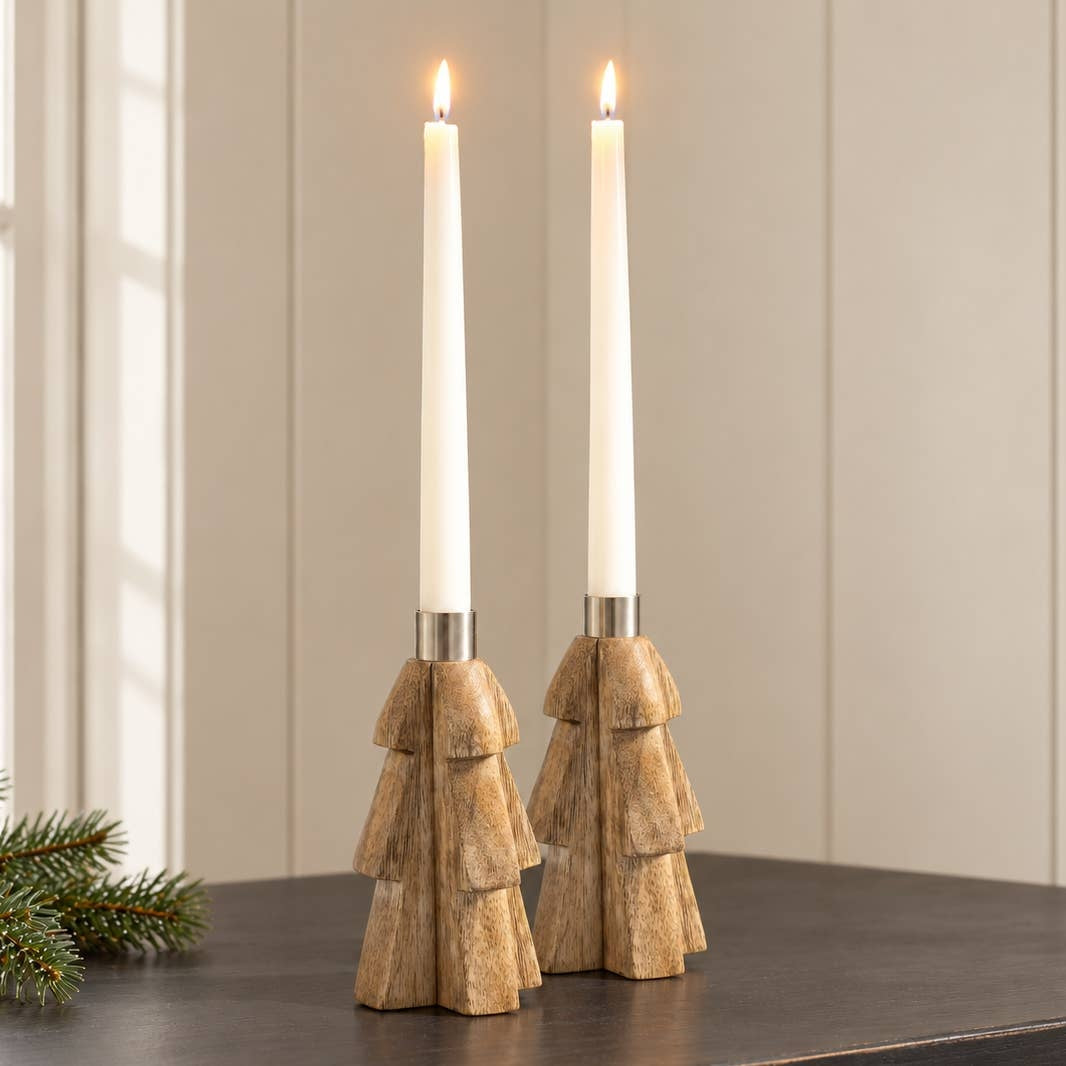 Set of 2 Mango Wood Tree Taper Candle Holders 6" Rustic Wooden Christmas Decor
