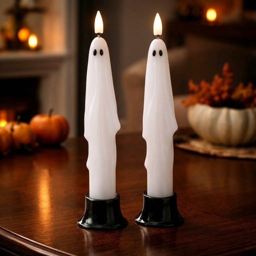 Set of 2 Wax Ghost LED 10" Candles w Built-In Timer – 3D Flame Halloween Decor