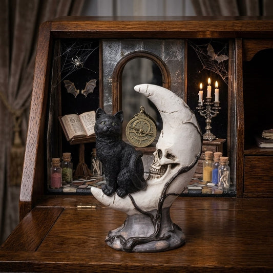 Black Cat on Skull Moon Statuette Mini 7.3" Gothic Desk Decor & Alchemy Display