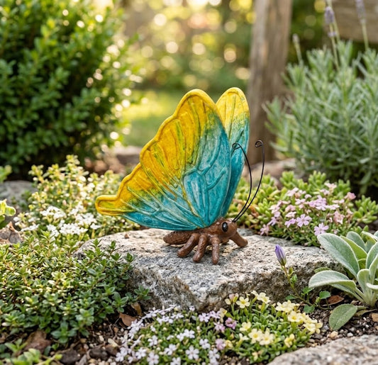 Colorful Yellow and Turquoise Resin Sitting 6" Butterfly Garden Accent