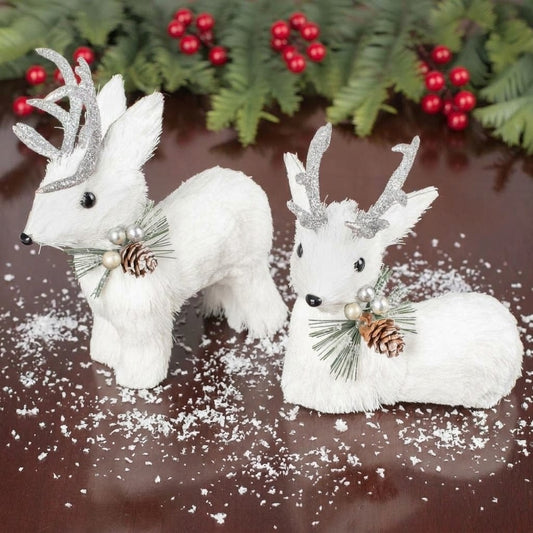White Sisal Christmas Small Deer Set with Glitter Antlers, Holiday Shelf Decor