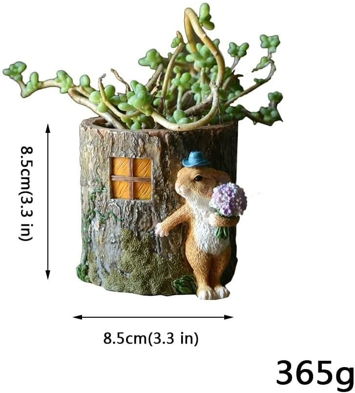 Whimsical Bunny Caller with Flowers by Tree Stump Fairy Garden Miniature Planter