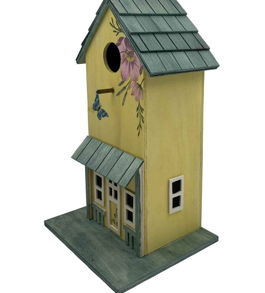 Butterfly and Floral Cottage Large Yellow and Green Birdhouse, Santa's Workshop