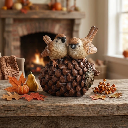 Autumn Pinecone & Songbirds Figurine 5" - Woodland Bird Fall Tabletop Accent