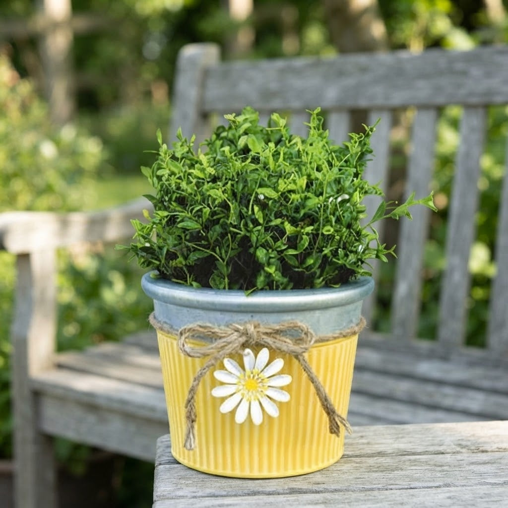 Yellow Ribbed Metal Planter With Decorative Daisy Charm and Rustic Twine Bow