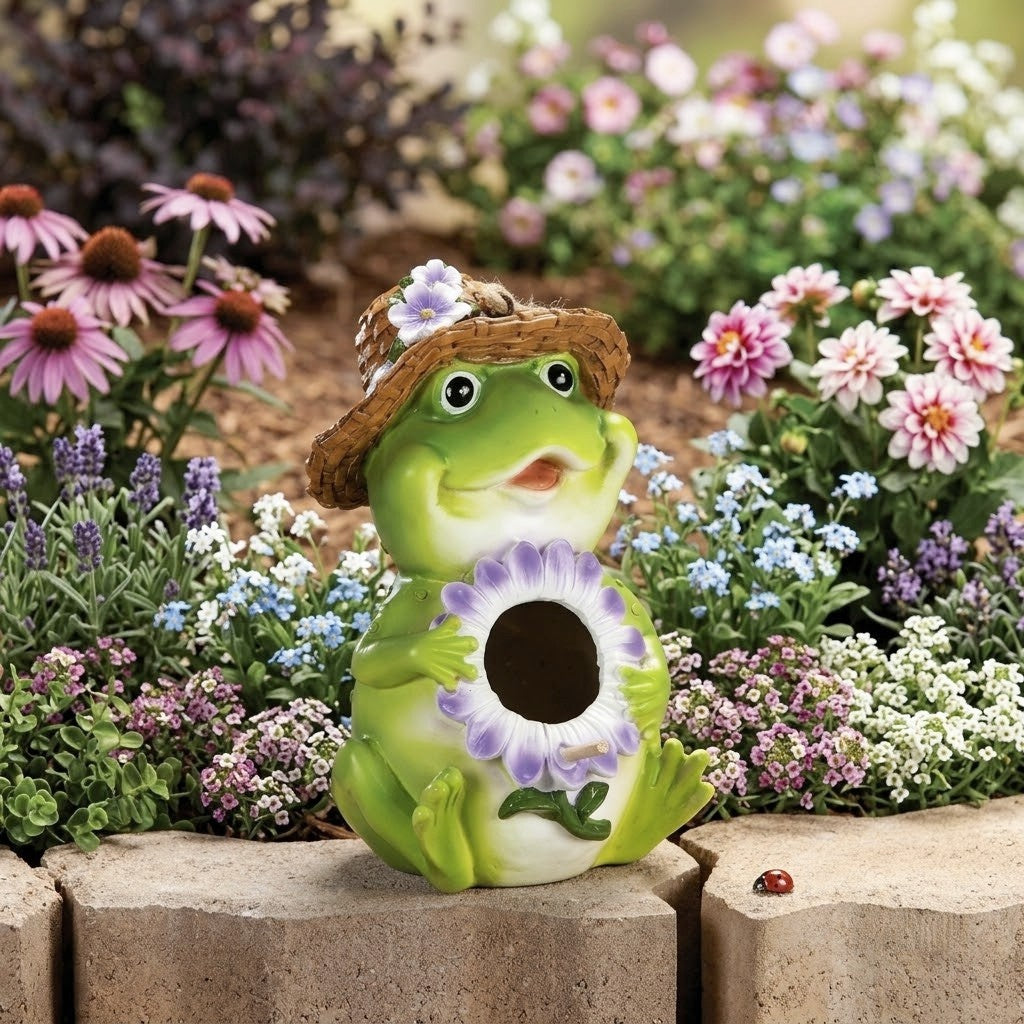 Green Frog with Hat, Floral Accents, 9" Hanging Birdhouse, Bird House