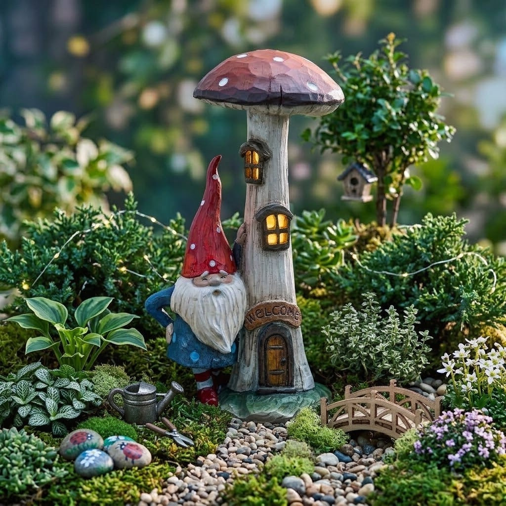 Fairy Garden Gnome with Tall Welcome Mushroom LED Toadstool House