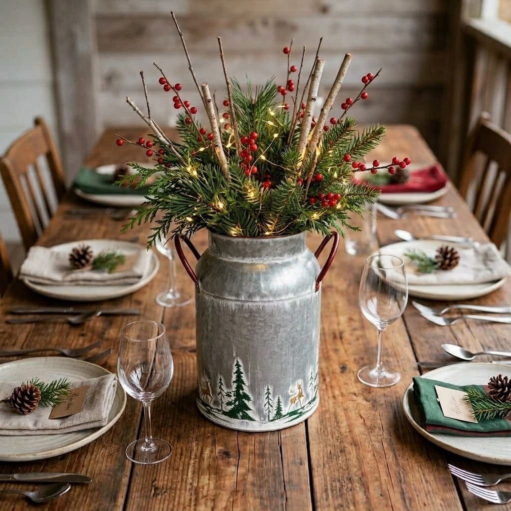 Rustic Galvanized Milk Can with Embossed Golden Deer & Forest Winter Decor 10.5"