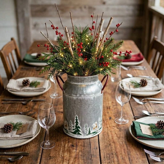 Rustic Galvanized Milk Can with Embossed Golden Deer & Forest Winter Decor 10.5"
