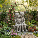 Old-Fashioned Girl and Boy Kissing on Garden Bench, Gray Resin Statuette Decor