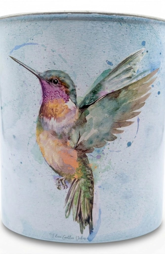 Watercolor Hummingbird Metal Planter on Elevated Wooden Plant Stand