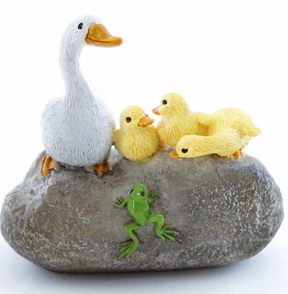 Miniature Duck Family on Rock with Frog, 2.5" Fairy Garden Pond Figurine