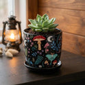 Enchanted Dark Forest 4" Ceramic Planter, Luna Moth & Mushroom Pot with Saucer