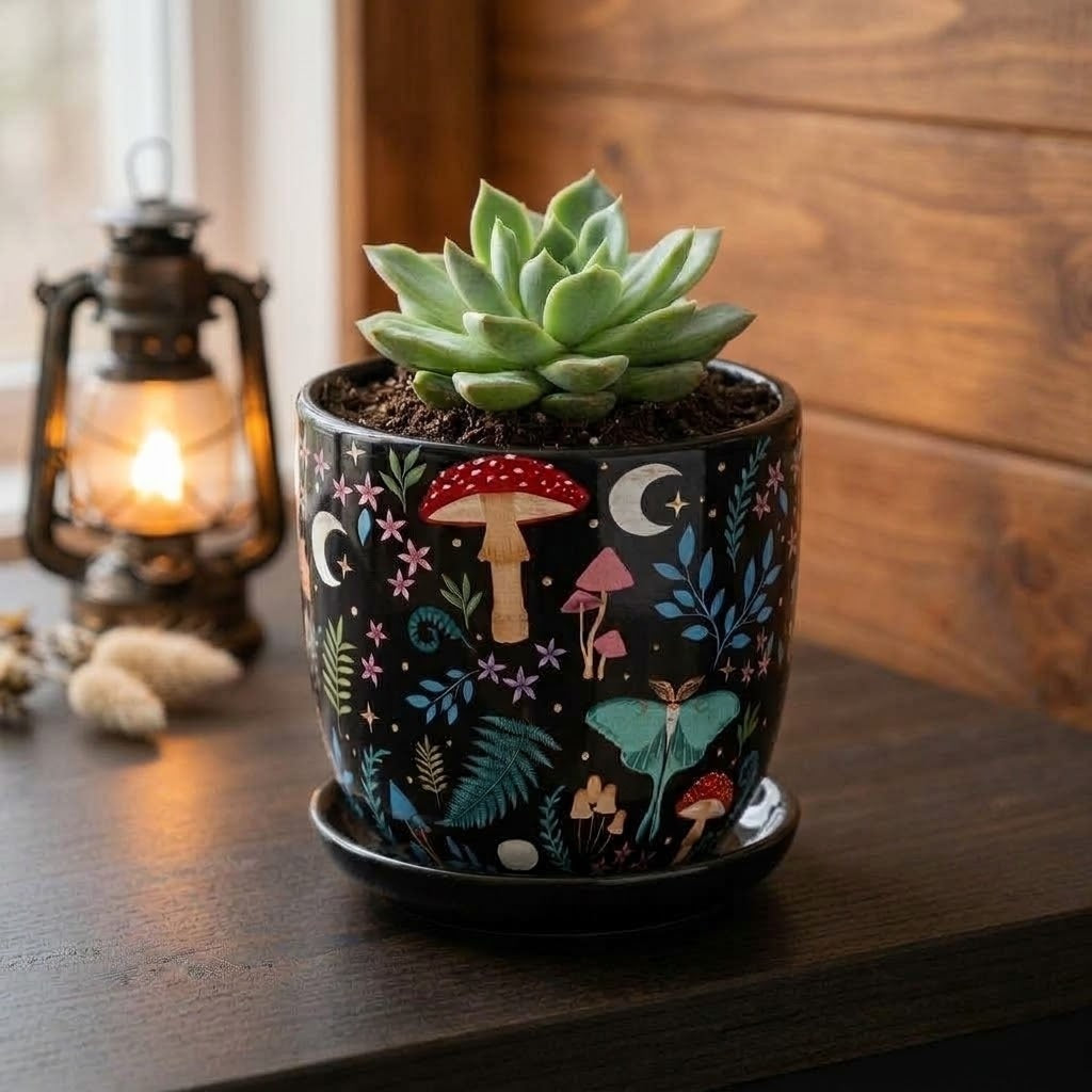 Enchanted Dark Forest 4" Ceramic Planter, Luna Moth & Mushroom Pot with Saucer
