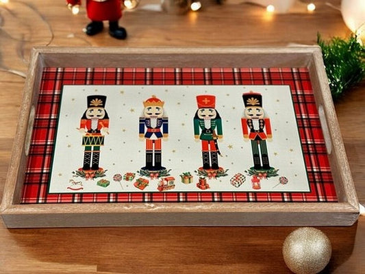Holiday Nutcracker Wood Serving Tray Festive Plaid Christmas Home Decor