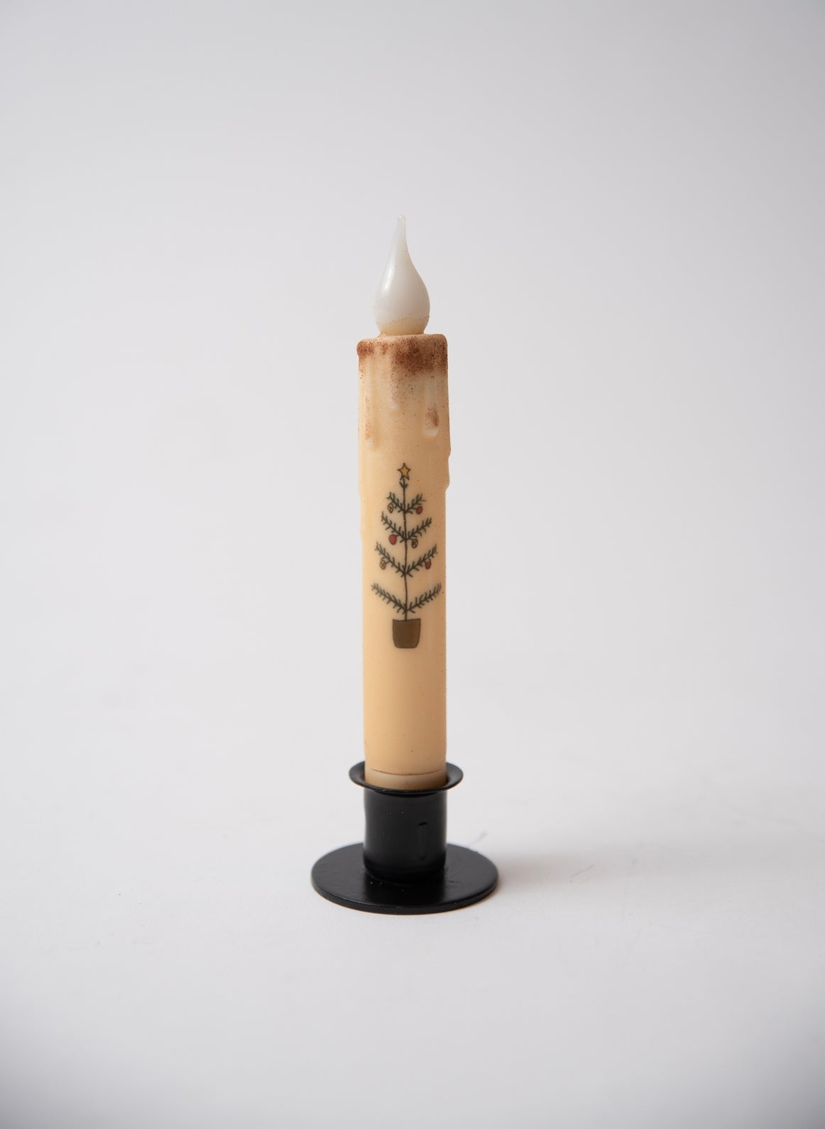 Christmas Tree Primitive Holiday 7" Led Timer Taper Candle and Black Holder Set