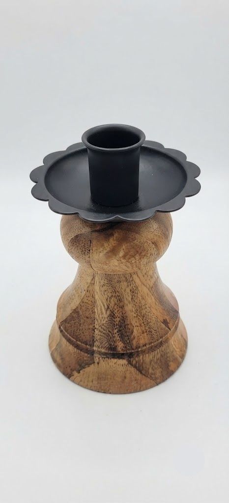 Natural Wood and Black Metal Cone Spindle Taper Candle Holder, 5.75"