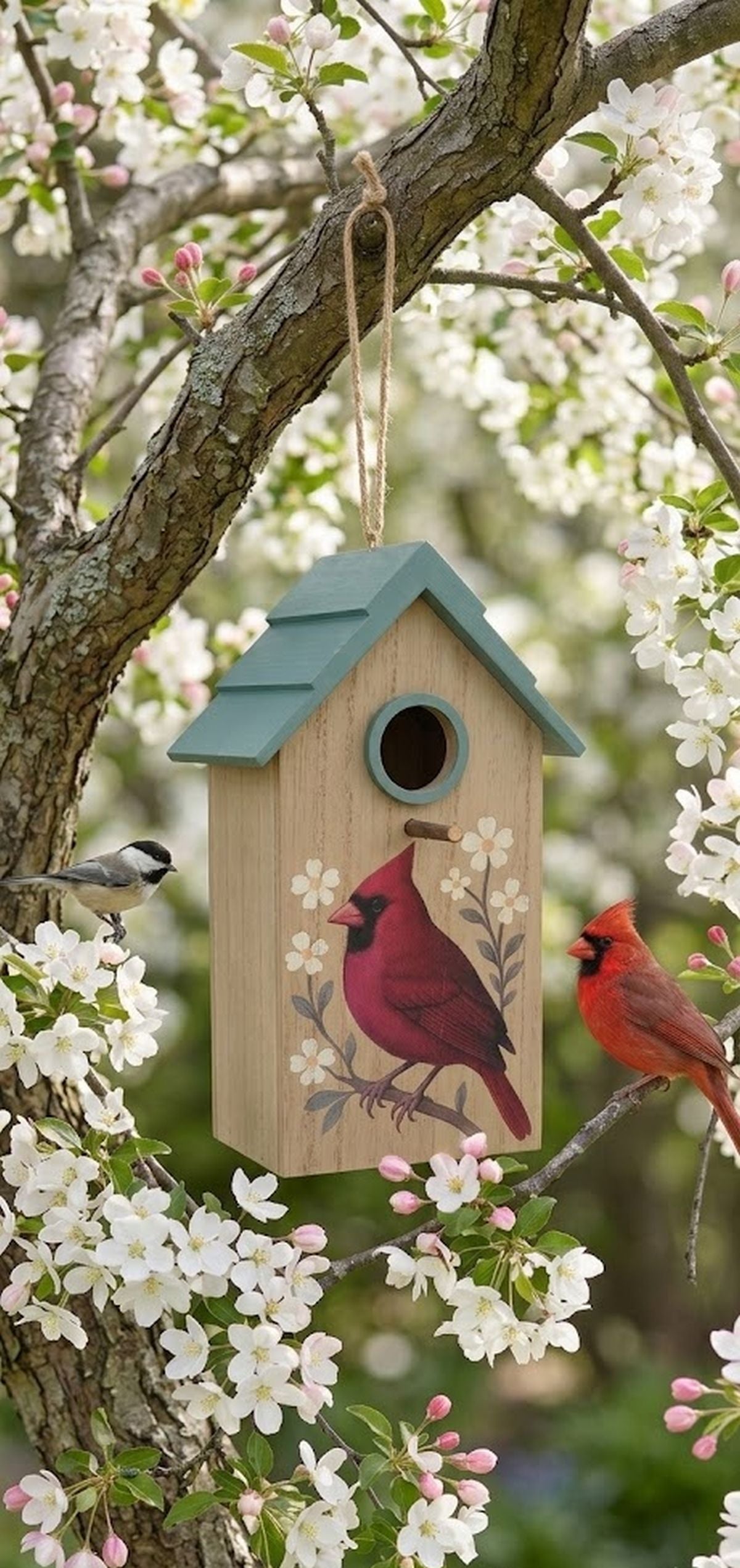 Northern Red Cardinal Painted Wooden Birdhouse Decorative Hanging Garden Decor