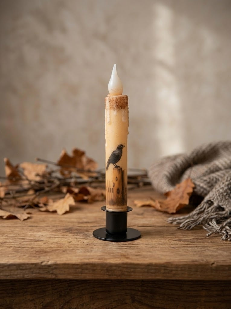 Crows on Fence Post Panorama 7" Led Timer Taper Candle and Black Holder Set