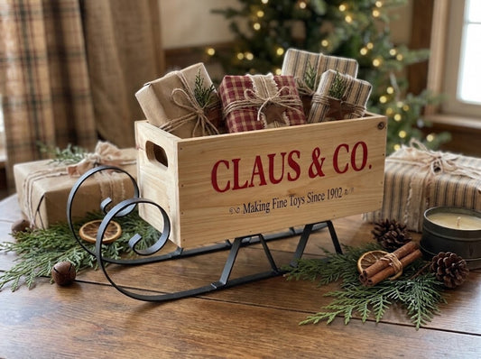 Claus & Co. 12" Wood Christmas Sleigh Crate – Primitive Farmhouse Holiday Decor