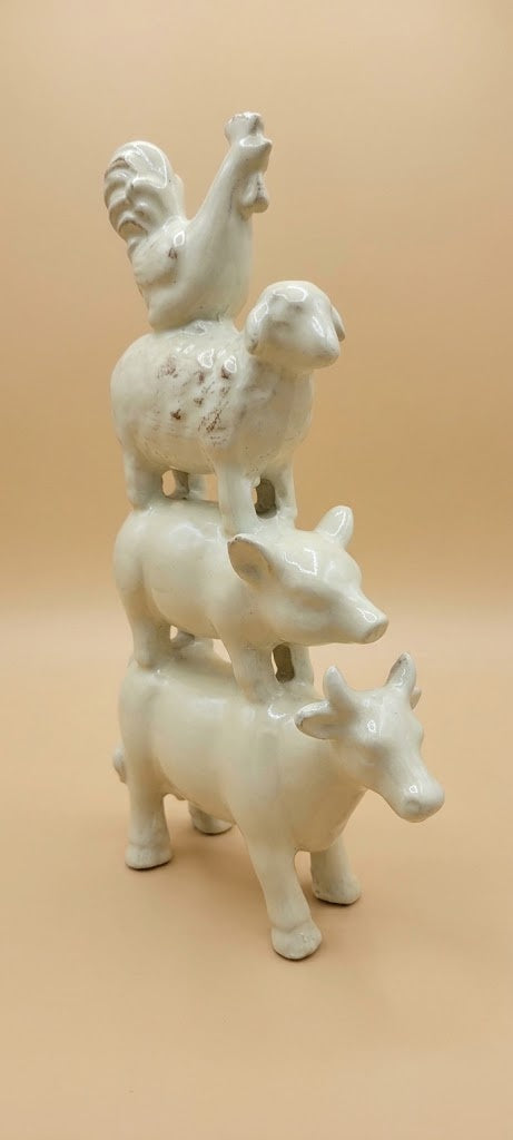 Stacked Farm Animals Ceramic Figurine Country Rustic Rooster Sheep Pig Cow 7"