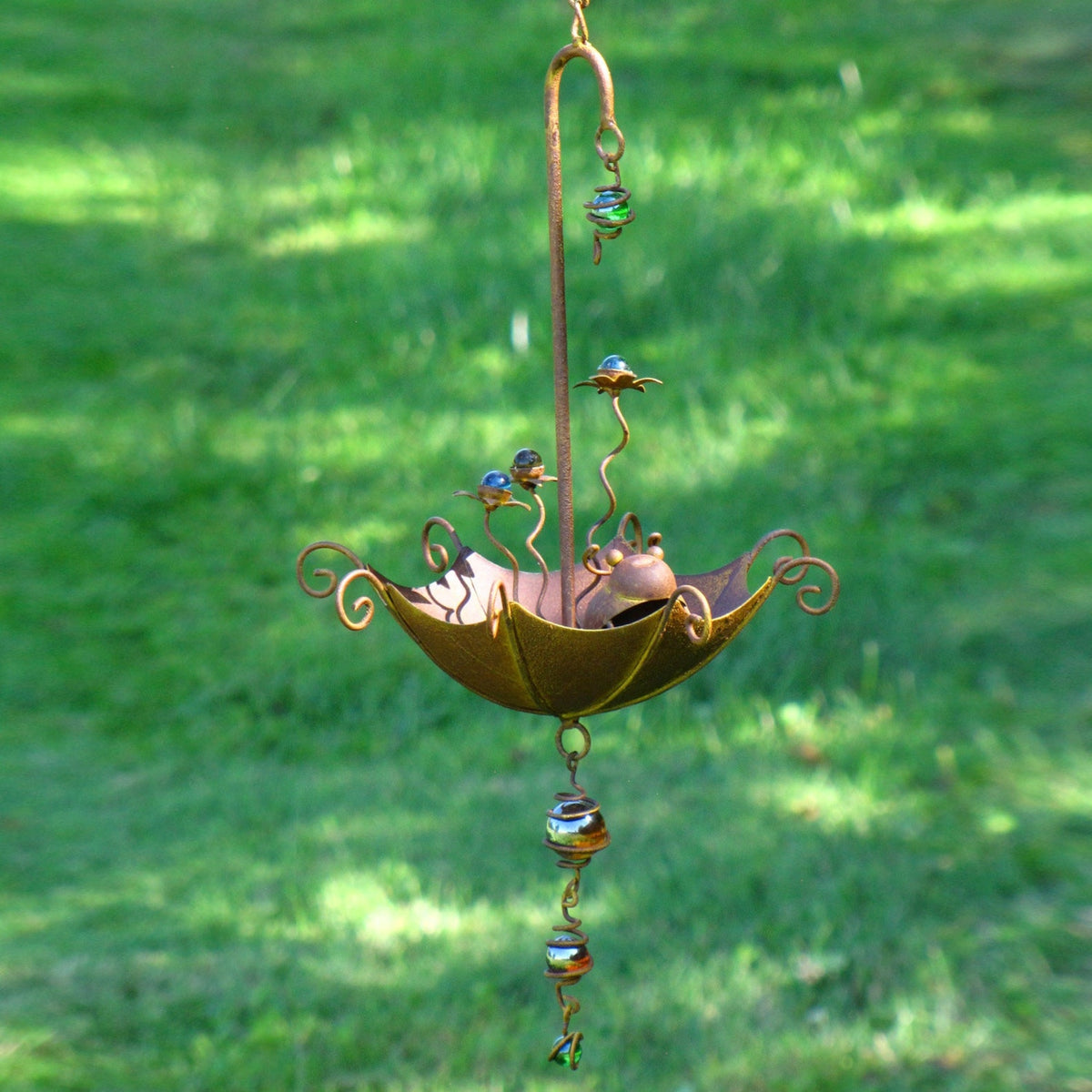 Hanging Animal Bird Feeder & Garden Mobile, Rustic Metal Yard Art in Rust