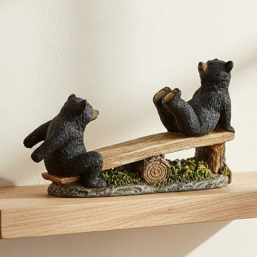Twin Black Bear Cubs Playing on a Log Seesaw Figurine, Rustic Forest Cabin Decor