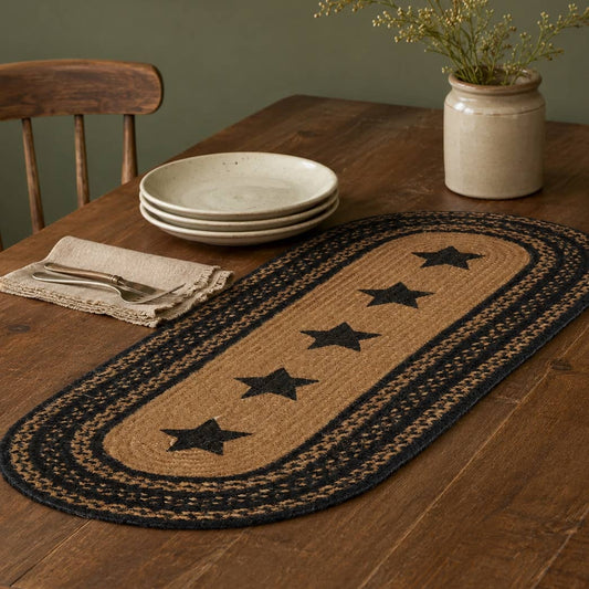 Braided Jute Oval Table Runner 13" x 36" Primitive Black Star Colonial Folk Art
