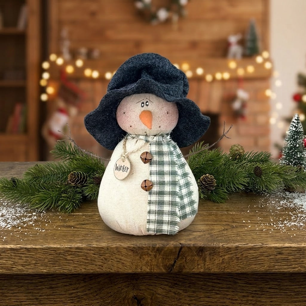 Winter the Snowman Folk Art Primitive Fabric Doll Rustic 8.5" Christmas Figurine