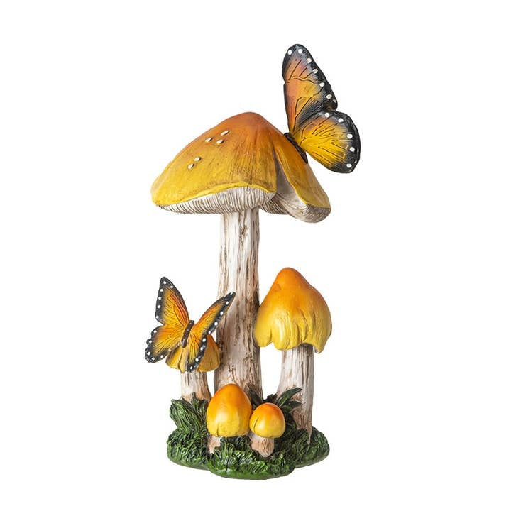 Whimsical 13-Inch Golden Mushroom Garden Figurine with Monarch Butterflies