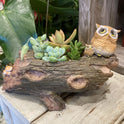 Enchanted Forest Resin Log Planter with Owls and Mushrooms, 8" Woodland Decor
