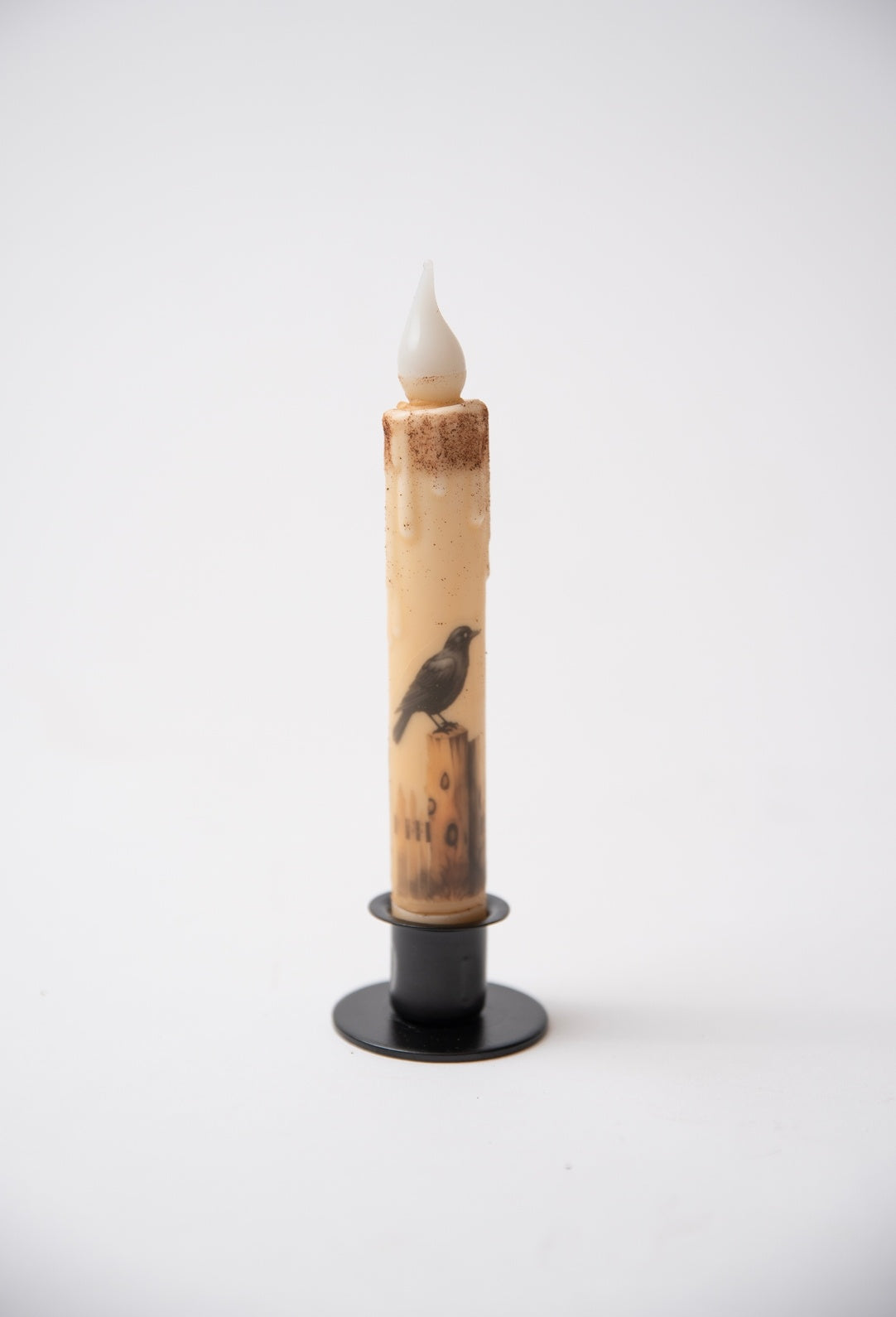 Crows on Fence Post Panorama 7" Led Timer Taper Candle and Black Holder Set