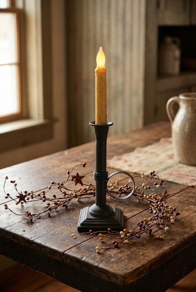 Primitive 8.5" Black Metal Chamberstick Candle Holder with Timer Taper Candle