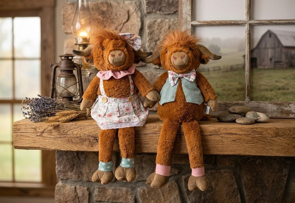 Whimsical Springtime Highland Cow Fabric and Plush Shelf Sitter, Set of Two