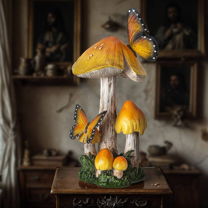 Whimsical 13-Inch Golden Mushroom Garden Figurine with Monarch Butterflies