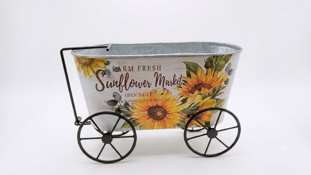 Farmhouse Sunflower Market Metal Wagon Planter, Rustic Galvanized Tin Flower Pot