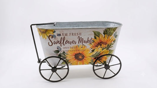 Farmhouse Sunflower Market Metal Wagon Planter, Rustic Galvanized Tin Flower Pot