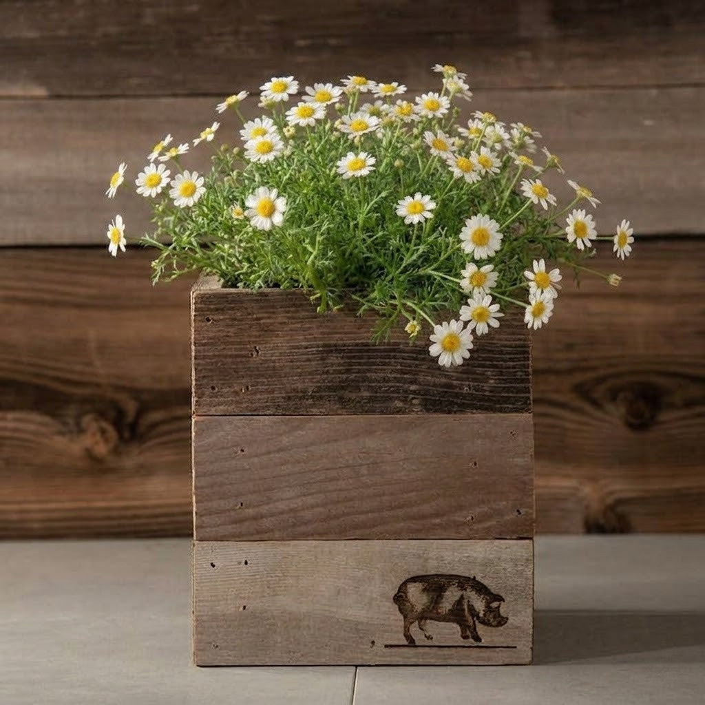 Rustic Wood Farmhouse Crock Pig Planter, Handmade 100% Reclaimed Wood