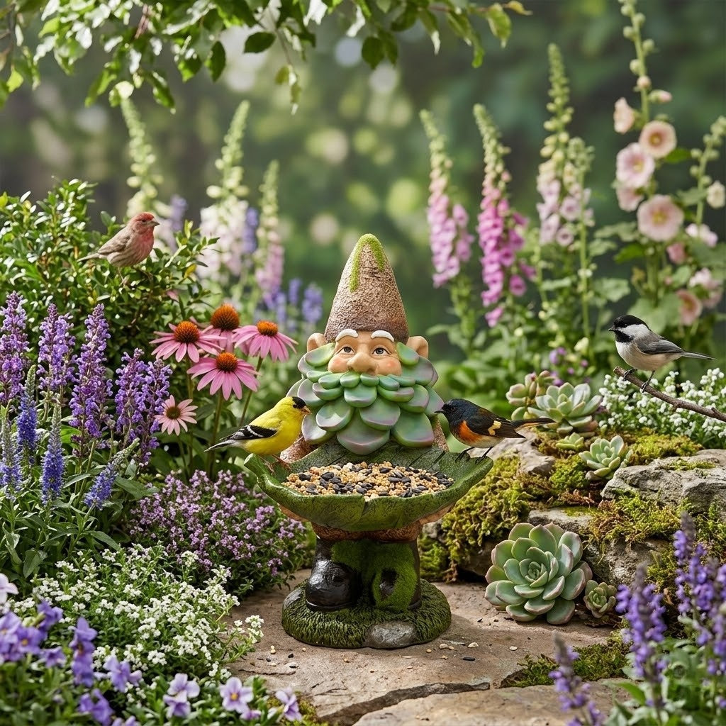 The Succulent Beard Resin Bird Feeder Gnome, 13.4" Weather-Resistant Seed Feeder