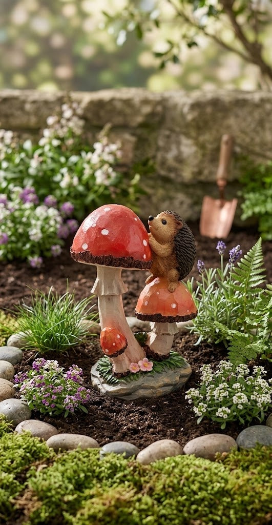 Cute Solar LED Hedgehog & Mushrooms Garden Statue, Woodland Animal Yard Decor