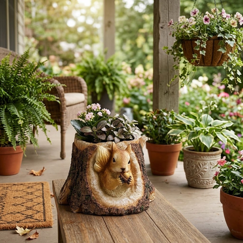 Woodland Squirrel in Tree Stump Planter, Small Rustic Faux Wood Resin Garden Pot