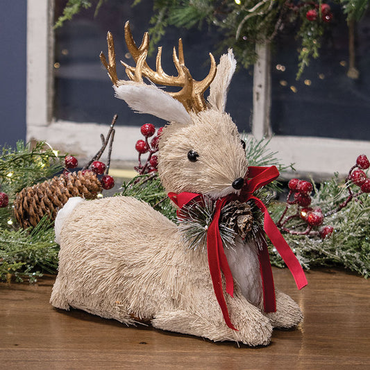 Festive Holiday 8" Sisal Reindeer Figurine with Golden Antlers and Red Bow