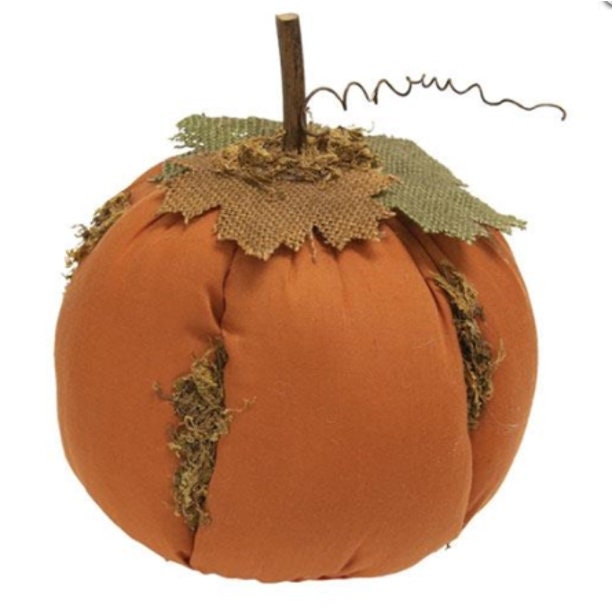 Primitive Autumn Mossy Orange Stuffed Fabric Pumpkin, Fall Decor 5" x 6",