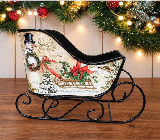 Vintage Style Holiday Sleigh, Season's Greetings Snowman Christmas Decor 8.75"