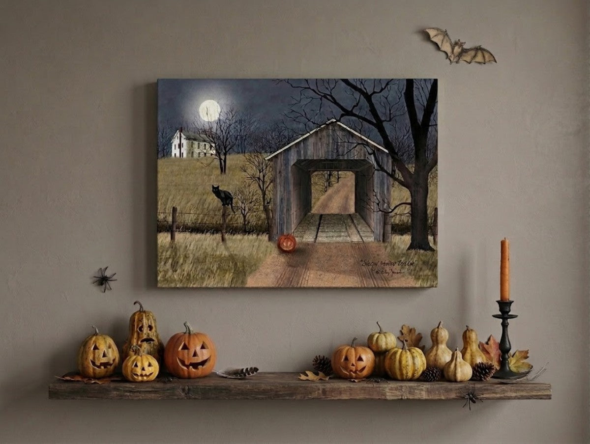 Sleepy Hollow Bridge by Billy Jacobs Framed Halloween Canvas Wall Art, 12" X 16"