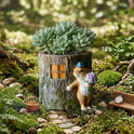 Whimsical Bunny Caller with Flowers by Tree Stump Fairy Garden Miniature Planter