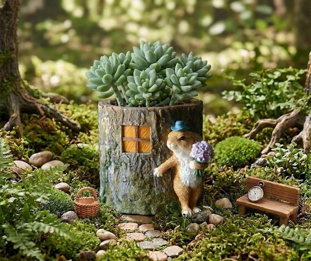 Whimsical Bunny Caller with Flowers by Tree Stump Fairy Garden Miniature Planter